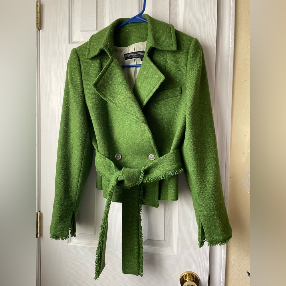 Green Wool jacket with sash. Worn once or twice, like new.